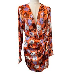 ZARA XS Floral Print Satin Dress Side Ruched Detail & Long Sleeves